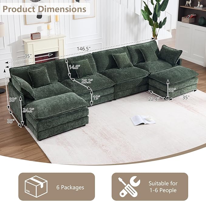 147" Modular Sectional Sofa, Oversized U Shaped Sectionals Cloud Couch, Big Comfy Couch with 2 Ottomans, 6 Seater Chenille Sectional Sofa with Deep Seat and 6 Pillows for Living Room- Green