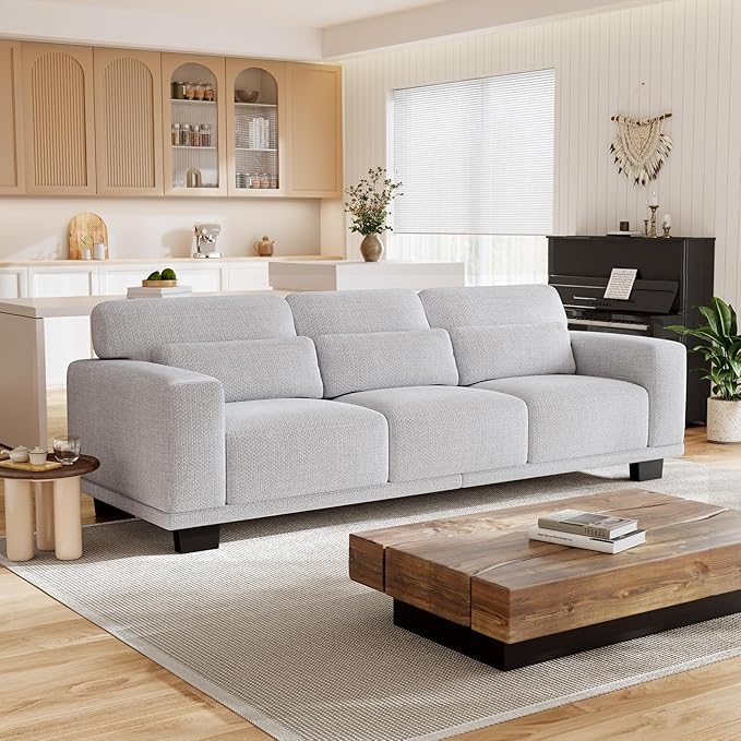 Marsail 89" Couch, 3-Seater Modern Sofa with Deep Seats, Comfy Upholstered Linen Sofas for Living Room, Apartment, Light Grey