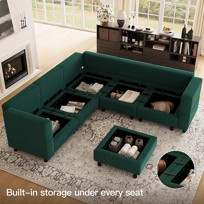 Belffin Modular Sectional Sofa with Storage Seats Velvet L Shaped Corner Couch Convertible Sectional Sofa with Chaise (Green, L Shape-1)…