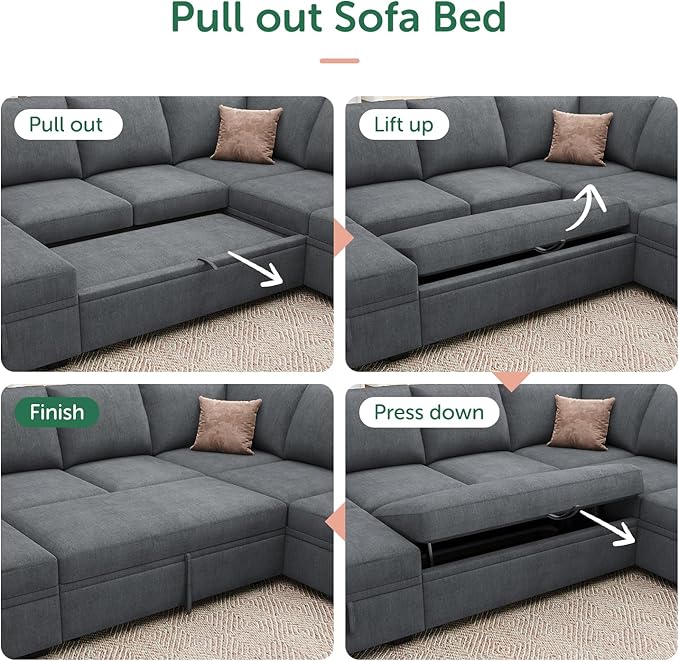 HONBAY Modular Sectional Sleeper Sofa Bed, Chenille Pull Out Couch with Storage Ottoman, U Shaped Sectional Couches for Living Room, Bluish Grey