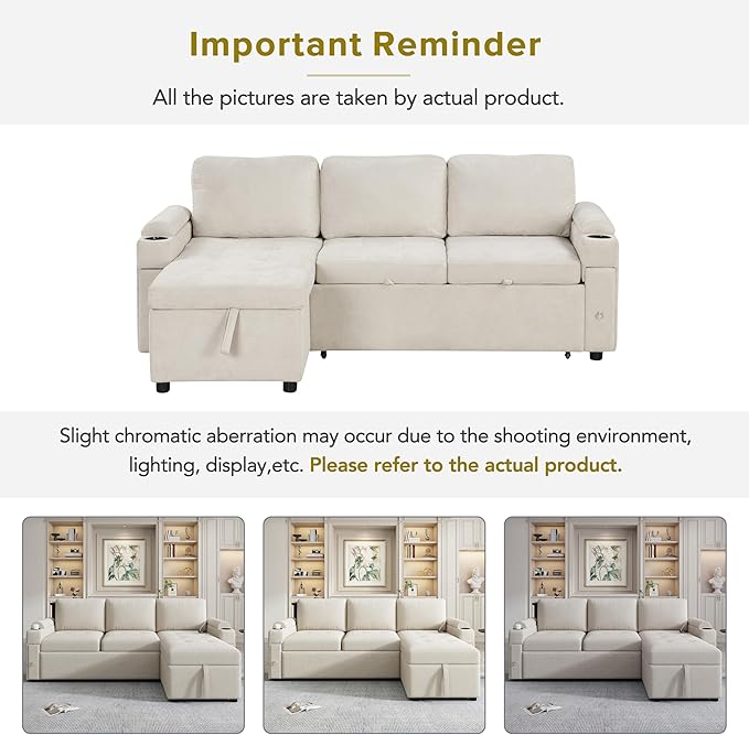 Harper & Bright Designs 83.5" L-Shaped Sofa Couch Convertible Sofa Bed Sectional Sofa with Ample Storage Space, Two Cup Holders and Two USB Ports for Living Room, Beige