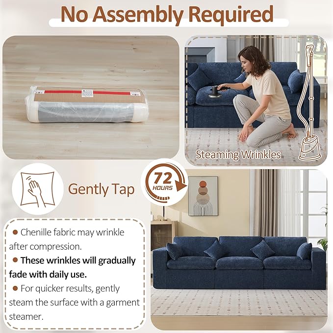 115''Cloud Boneless Sectional Couch, Modular Sectional Sofa Deep Seat, Oversized Upholstered Convertible Comfy 3 Seater Chenille Memory Foam Sofa Couches for Living Room, Navy