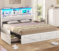 VIAGDO Farmhouse Bed Frame Full Size with Bookcase Storage Headboard, Charging Station and LED Lights, Wooden Full Bed Frame with 4 Drawers, Barn Door Design, No Box Spring Needed, No Noise, White