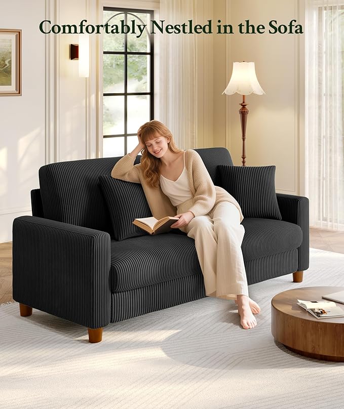 70.2" Couches for Living Room, Comfy Black Couch 7.1" Extra Thick Cushion, Sofas for Living Room Tool-Free Setup, Loveseat Sofa 705lbs Support, Corduroy Couch for Bedroom, Apartment, Office