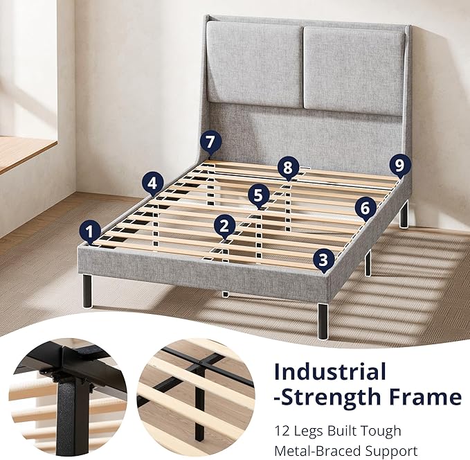 Cozy Castle Full Upholstered Platform Bed Frame with 51.2" Tall Wingback Headboard, Double Backrest Metal Bed Frame, No Box Spring Needed, Easy Assembly, Bedroom Furniture, Grey