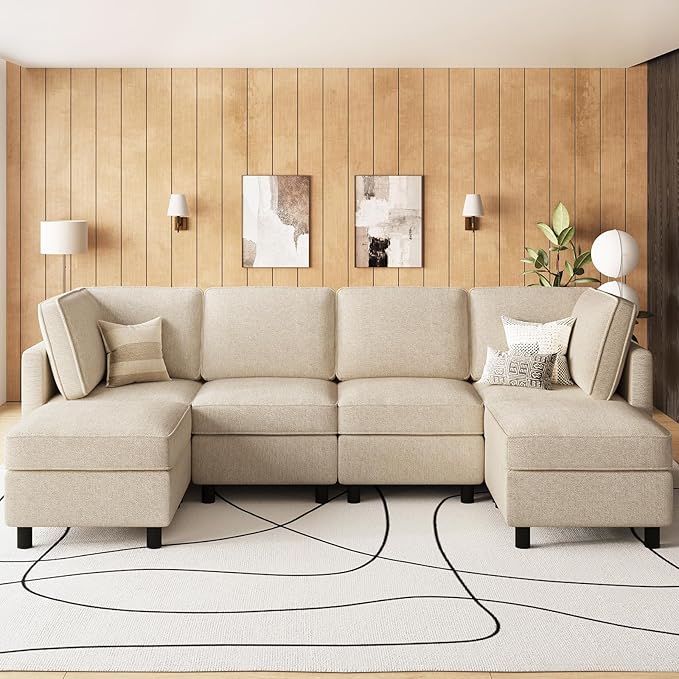 Belffin 110.2" Modular Sectional Sofa 6 Seats U Shaped Couch Washable Sectional Couches for Living Room Comfy Couches with Storage Seat Couch Sofas with Chaise,Beige