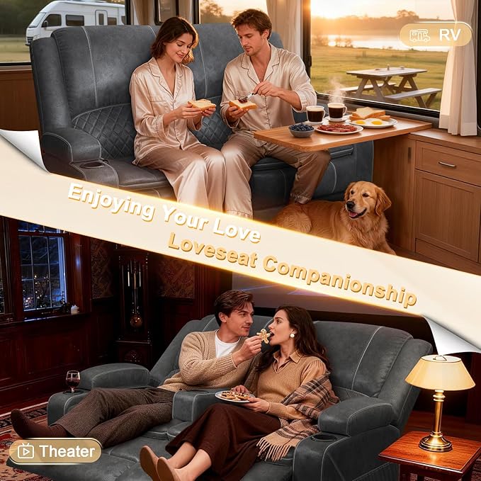 RV Loveseat Recliner Wall Hugger, Manual RV Reclining Loveseat with Removable Armrest, 3X Adjustable Theater Wall Hugger Loveseat Recliners with USB Ports, Cup Holders, Multi-Storage (Velvet,Grey)
