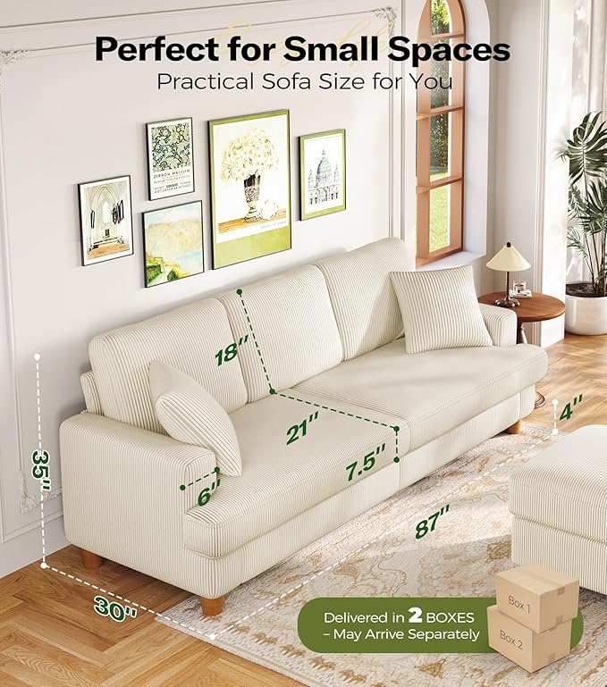 Kidirect 87in U Shaped Couch, Modular Sofa No Tool Assembly, Comfy Sectional Couches for Living Room 21in Deeper Seats, Corduroy Sofas for Living Room with 2 Pillows, Loveseat Sofa Set, Beige Couch | Comfy Corduroy, Oversized 87in Couch, 850LB Tough, T...