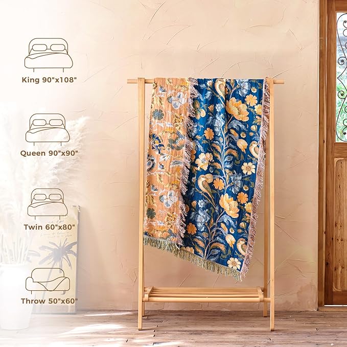 LUTBM Boho Throw Blanket for Bed Cotton Spring Blankets Twin Size for Bedroom Living Room All Season Lightweight Floral Bird Embroidery Breathable Quilt for Couch Sofa Chair 60"x80" Home Decor
