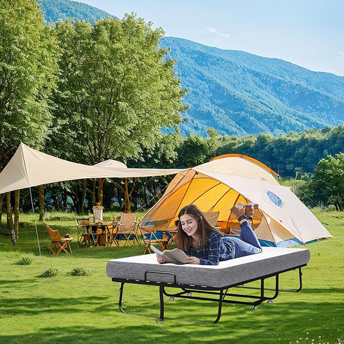 Espsilto Folding Bed with Mattress for Adult - Twin Size75''x38'' Portable Foldable Rollaway Bed for Guest with Thick Memory Foam Mattress