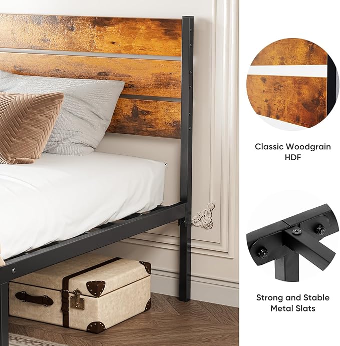 Sweetcrispy Twin Size Metal Platform Bed Frame - Mattress Foundation with Headboard and and Footboard, No Box Spring Needed with 700LBS Sturdy Wooden Slats Support, Noise Free, Easy Assembly