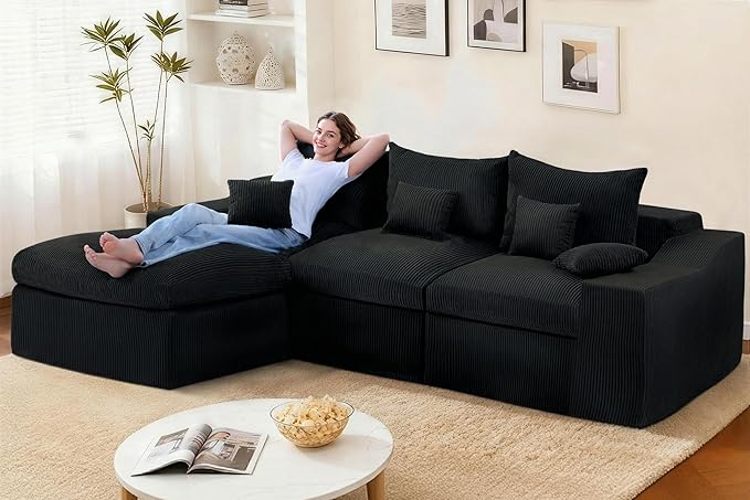 HABUTWAY 104" L Shaped Cloud Sectional Couch, Boneless Modular Sectional Sofa with Deep Seat, Corduroy Couches for Living Room, Modular Couch, No Assembly Required (Black)