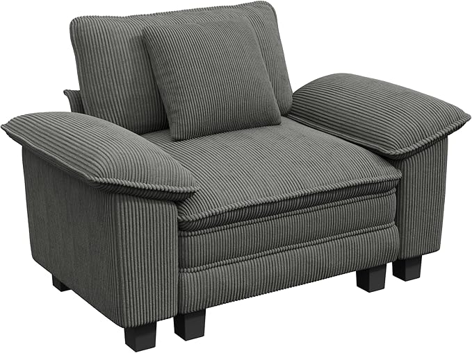 PHI VILLA Oversized Single Sofa Chair with Deep Seat, Upholstered Reading Armchair Modern, 1 Seater Comfy Sofa Chair for Small Spaces Bedroom, Corduroy, Grey