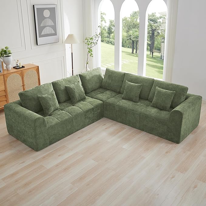 110''Modular Sectional Couches for Living Room, Cloud Boneless Compressed Sectional Sofa, Oversized L Shaped 5 Seater Upholstered Memory Foam Sofa, No Assembly, Chenille Green