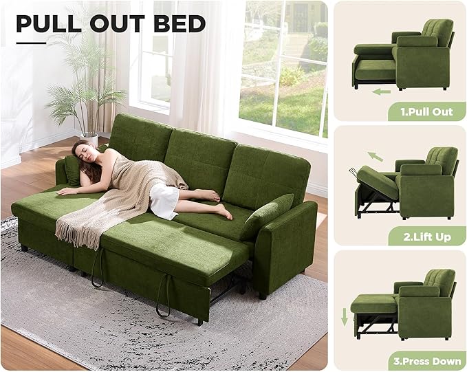 VanAcc Sleeper Sofa, Sofa Bed with Storage Chaise, Convertible Sofa Bed with Pull Out Couch, l Shaped Couch for Living Room, Linen Green