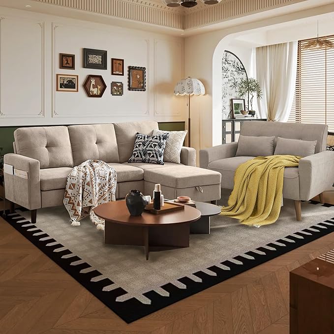 Convertible Sectional Sofa Set, Small L Shaped 3-Seat Couch with Reversible Chaise and Loveseat Sofa, Modern Polyester Sofas Couches for Living Room, Beige | L Shaped 3-Seat, Reversible Chaise, Loveseat Sofa, Modern Polyester, For Living Room