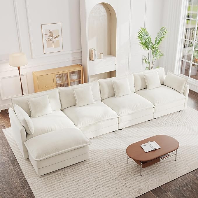 mikibama Modular Sectional Sofa, 146.5 Inch L Shaped Couch Set for Living Room, 4-Seater Comfy Cloud Couches with Movable Ottoman, DIY Combination, Chenille, Beige