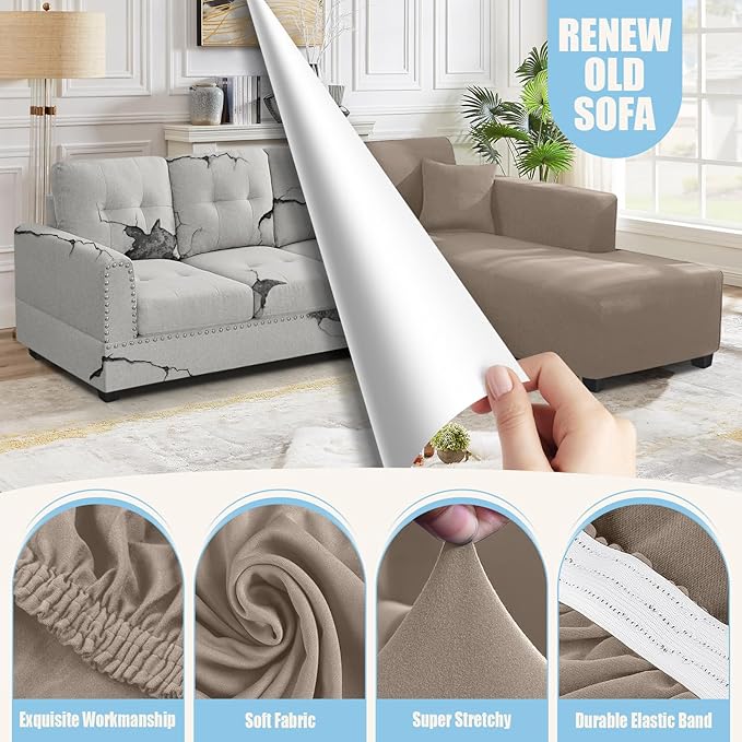KinCam Sectional Couch Covers L Shape Sofa Covers Super Stretch 2pcs Sofa Slipcovers for 3 + 3 Seaters Sectional Chaise Slipcover with 2pcs Pillow Covers for Pets Kids, Taupe