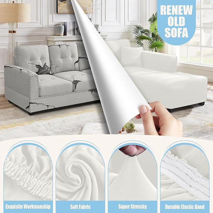 KinCam Sectional Couch Covers L Shape Sofa Covers Super Stretch 2pcs Sofa Slipcovers for 3 + 3 Seaters Sectional Chaise Slipcover with 2pcs Pillow Covers for Pets Kids, White