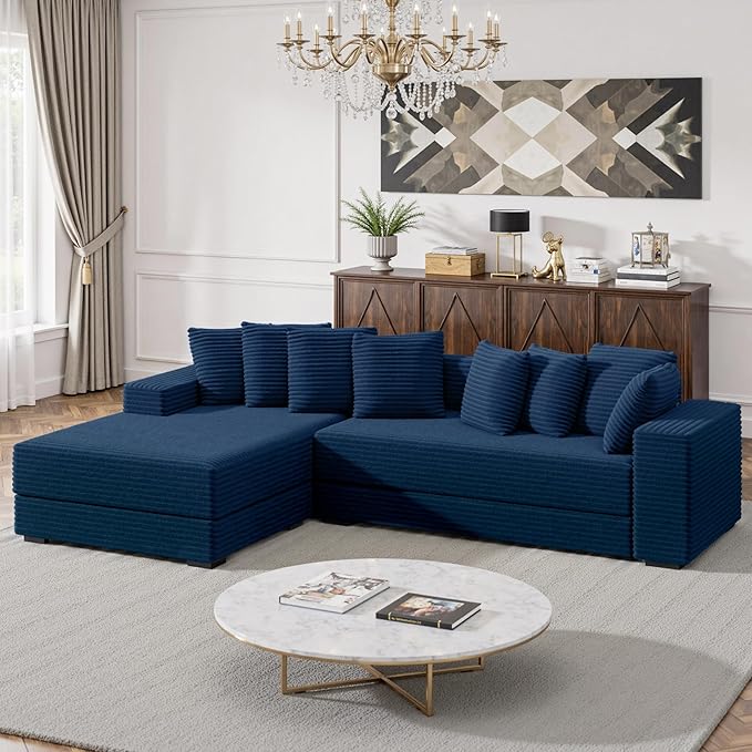 111'' Modular Sectional Cloud Couches with Chaise, L Shaped Large Sleeper Couch Fluffy Corduroy with 8pcs Pillows for Living Room(Blue Left Facing Chaise)