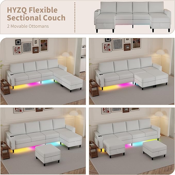 U Shaped Sectional Couches for Living Room, 109" Linen Cloud Couch with Chaise Lounge/Storage Ottoman, 4 Seat Sectional Sofa with Smart Module-Wireless Charging/USB/Type-C/RGB Lights (White)
