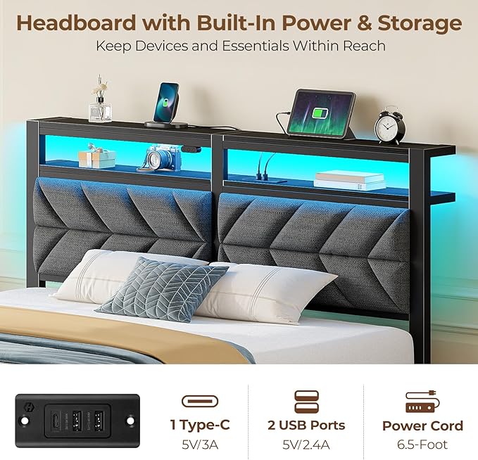 Seventable Full Size Bed Frame with 4 Storage Drawers, Charging Station & LED Lights, Upholstered Headboard with 2-Tier Shelves, Metal Platform Bed, No Box Spring Needed, Noise-Free, Grey