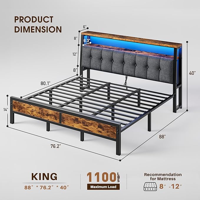 Homkdom King Bed Frame with Charging Station and LED Lights, Grey Upholstered Headboard with 2-Tier Storage Shelves,12" Under-Bed Storage, No Sliding, Noiseless, 1100LBS,76.2W*88L*40H