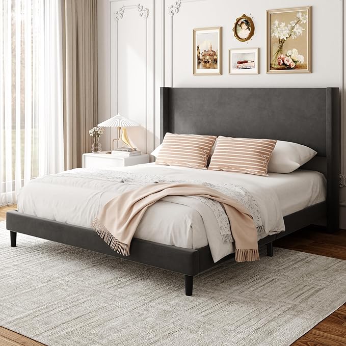 Sismplly Full Bed Frame with Wingback Headboard, Velvet Upholstered Platform Bed with Wooden Slats, 6.46“ Under Bed Storage, Metal Support, Noise Free, No Box Spring Needed, Gray