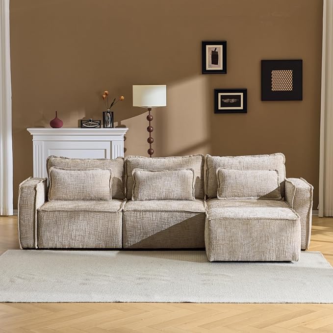 Karl home 110" Cloud Sectional Couches with Moveable Ottoman 3 Seat Boneless Modular Sofa Set L-Shape Convertible Couche with Chenille Upholstery for Living Room, Apartment, Studio, Khaki