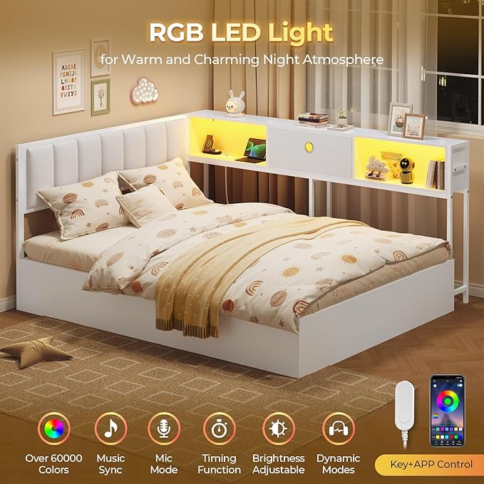 Hasuit Corner Full Lift Up Storage Bed Frame with Charging Station & LED Lights, Full Day Bed with Upholstered Headboard and Bookcase, Corner Beds with Hydraulic for Kids Teens Guests, White