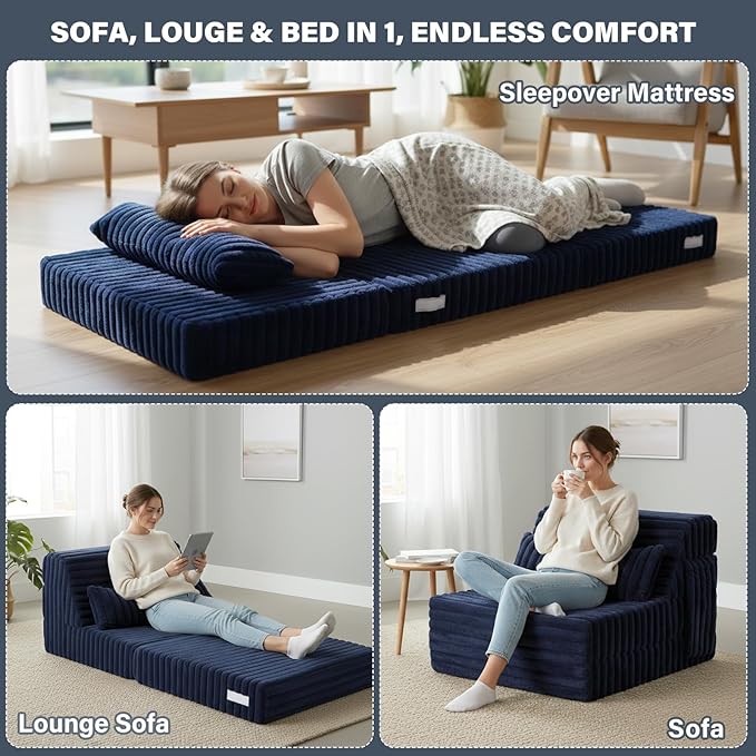 Tiita Folding Sofa Bed Single Size, Convertible Sleeper Chair Mattress with Pillow, Thick Corduroy Floor Mattress Couch Bed with Side Pocket, Guest Room, Dorm, Apartment, Navy
