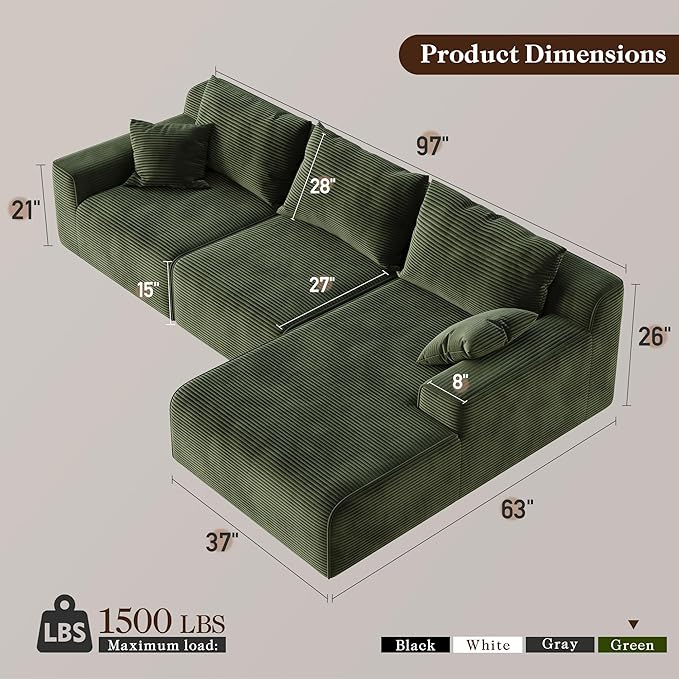 97" Cloud Couch Sectional, L-Shaped Corduroy Fluffy Modular Sofa with Deep Seat, Boneless Comfy Couches for Living Room,Bedroom,Right Facing Chaise, No Assembly Required (Green)