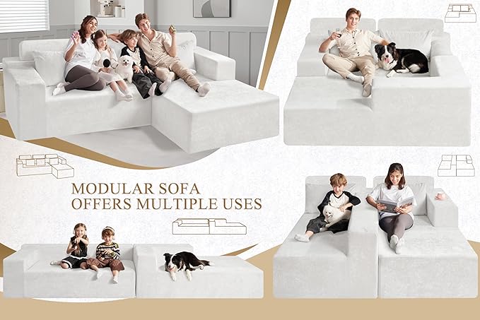 HABUTWAY 105" L-Shape Modular Sectional Sofa Couch for Living Room,No Assembly Required,Modular Comfy Sofa with Deep Seat for Living Room Bedroom,Luxury Distressed Velvet(Right,Beige)