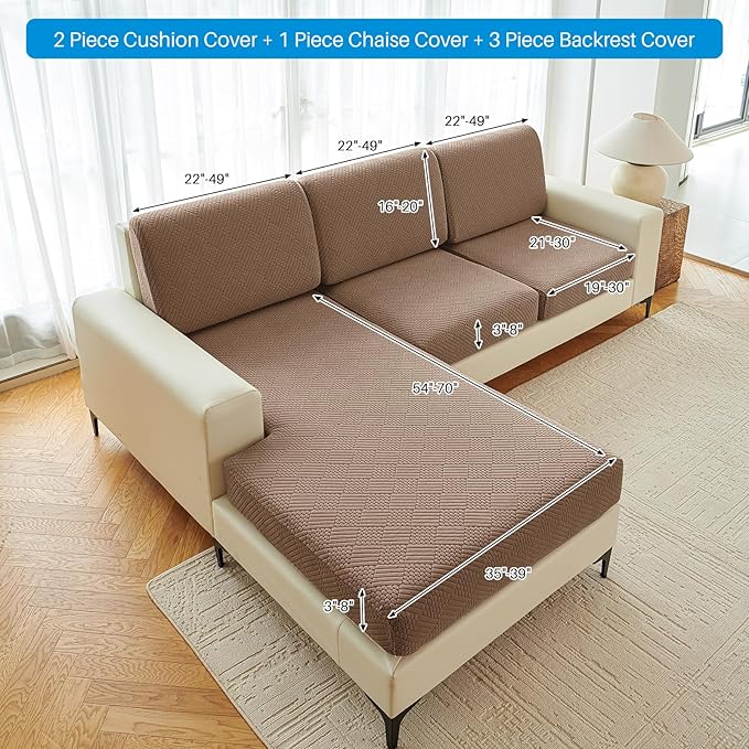 Deep Dream Sectional Couch Covers 6 Pieces, Stretch Couch Cushion Covers, L Shaped Washable Sofa Covers for Left/Right Sectional Sofa (3 Backrest Cover + 2 Seater + 1 Chaise, Brown)