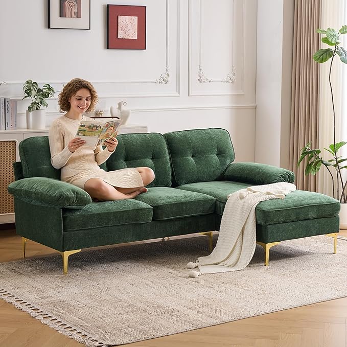 Sectional Couches for Living Room,85" L-Shaped Sofas,Modern Couch with Deep Seats & Chaise Longue,Removable Sofa Pillows Washable,Sofa for Apartments(Chenille,Green)