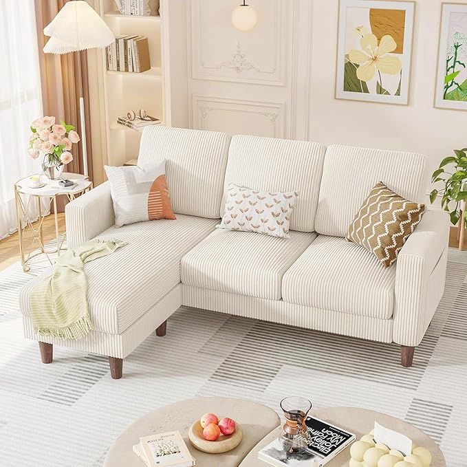 Homall Convertible Sectional Sofa 3 Seat L Shaped Couch with Side Storage Pocket, Sofas with Movable Ottoman, Corduroy Small Couches for Living Room & Apartment (Corduroy, Beige)