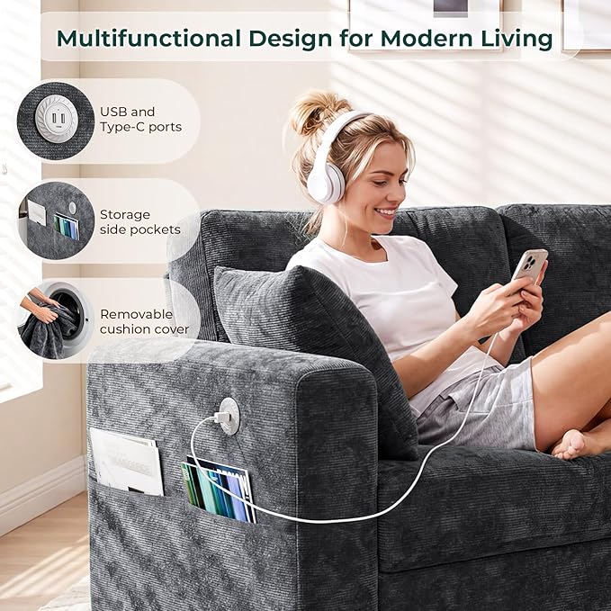 87" Loveseat Sofa for Living Room, Modern Chenille Cloud Couch with USB/Type-C Charging Ports, Side Pockets, Removable Cover, Wide Armrests, Small Couch for Small Space, Easy Assembly, Grey