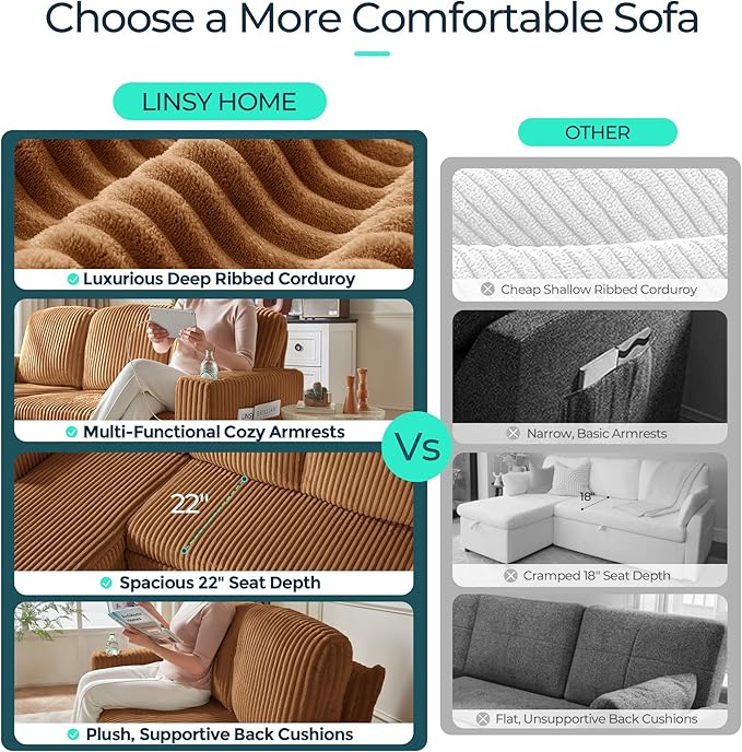 LINSY HOME Sectional Sleeper Sofa with Storage Chaise & USB Charging, Convertible Pull Out Couch Bed Plush Corduroy Modular Sectional Couches for Living Room Apartment (Brown)
