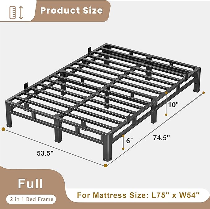 ROIL 10 Inch Full Size Bed Frame, Metal Bed Frame & Box Spring 2 in 1 Platform with Round Corner Legs, 4000LBS Double Layer Low Profile Metal Platform Mattress Baffles, Noise-Free Easy Assembly