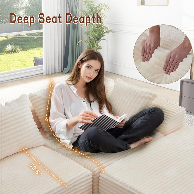 110" L-Shaped Modular Sectional Sofa with Chaise, Boneless Comfy Corduroy Fluffy Couch with Deep Seat and Side Pockets, Flexible Module Combination for Living Room, No Assembly, Side Pockets