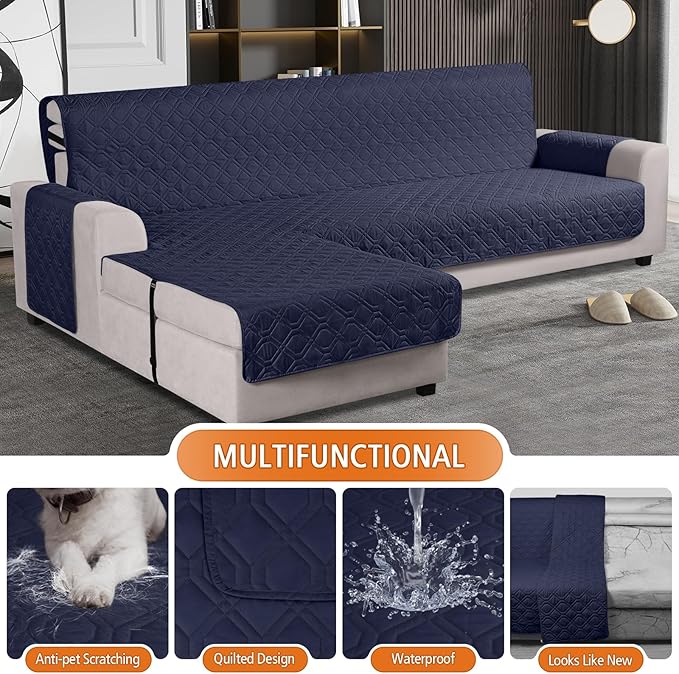 VANSOFY Upgraded Sectional Couch Covers 100% Waterproof L Shaped Sofa Slipcover Reversible Chaise Lounge Cover for Sectional Sofa Furniture Protector Cover for Pets Dog Cat(Large, Dark Blue)