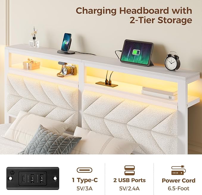 Seventable Bed Frame Twin Size with Charging Station, LED Bed with Upholstered Storage Headboard, Metal Platform Bed with Under Bed Storage, No Box Spring Needed, Noise Free, Easy Assembly, White