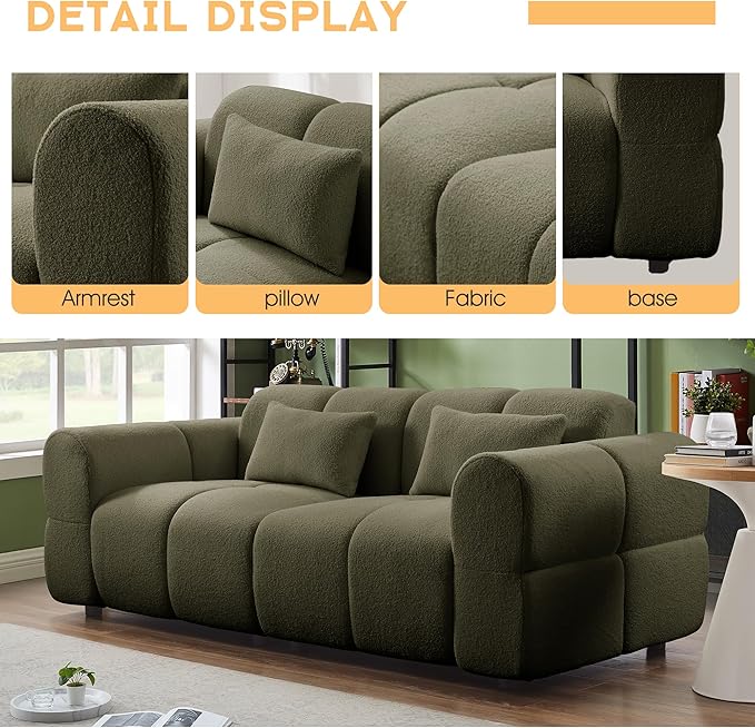 80" Modern Sofa Couch, Comfy Deep Seat Lambswool Cloud Sofa, Upholstered 3-Seater Boucle Couch, Oversized Loveseat for Living Room, Bedroom, Office, Apartment(Green)