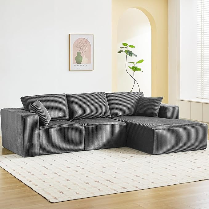 Sectional Cloud Boneless Couch 108" Modern Comfy L-Shape No Assembly Required Convertible Compression Sleeper Modular Sofa with Corduroy Fabric Deep Seat Loveseat + Chaise for Living Room
