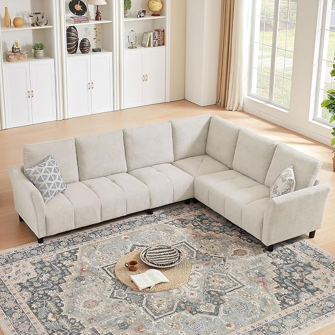Convertible Sectional Sofa Couch, 102" L Shaped Couch with Back Cushions, Modern Upholstered Fabric 6-Seat Reversible Sofa Set for Living Room, Apartment, Office, Beige