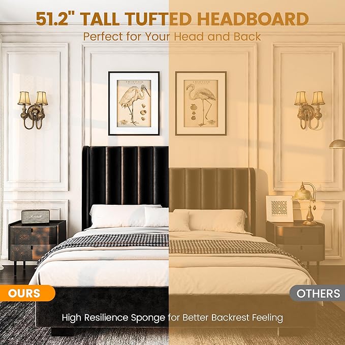 King Size Upholstered Lift Up Storage Bed Frame with 51.2" Tall Headboard, Velvet Wingback Tufted Design, Wood Slats Support, No Box Spring Required, Noise-Free Double Low Bed Frame (King,Black)