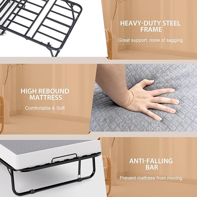 Decofy Folding Bed with Memory Foam Mattress, Portable Rollaway Guest Beds on Wheels, 75"x38" Twin Size Space-Saving Cot-Size Bed for Adults with Easy Assembly Metal Frame (Grey)