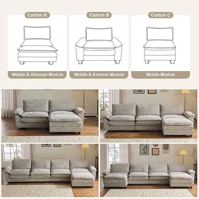 Karl home Sectional Sofa Modular Deep Seat Sofa Couch with Ottoman, Chenille Sofa Sleeper Comfy Upholstered Furniture for Living Room, Apartment, Studio, Office, (3-Seat & 1-Ottoman, Light Gray)