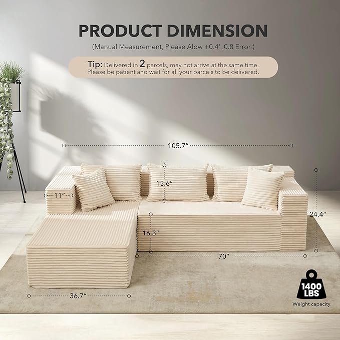 Modular Sectional Sofa Cloud Sectional Couch, 106" Comfy Fluffy L Shaped Couches for Living Room,Oversized Sofa Sleeper with Deep Seat, No Assembly Required