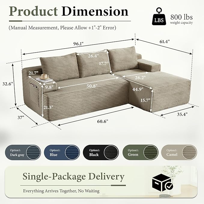 96" Sectional Couches for Living Room Cloud Couch Sofa with L-Shape Upholstered Boneless Couchs Modern Modular Sectional Couch with Chaise (Camel, 96" W+Right Facing Chaise+2Seaters)